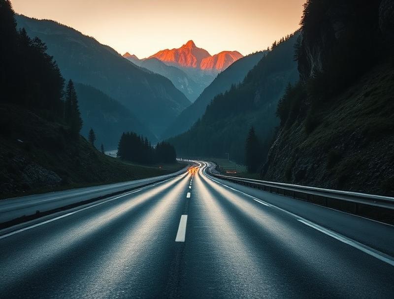 Alpenstraße bei Sonnenaufgang in Österreich